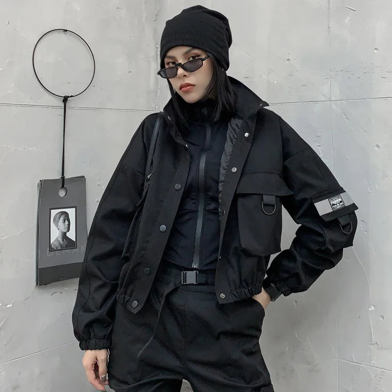 Techwear Women Black Collar Jacket |Long Sleeve Pocket