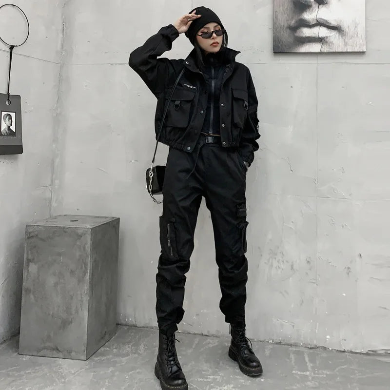 Techwear Women Black Collar Jacket |Long Sleeve Pocket