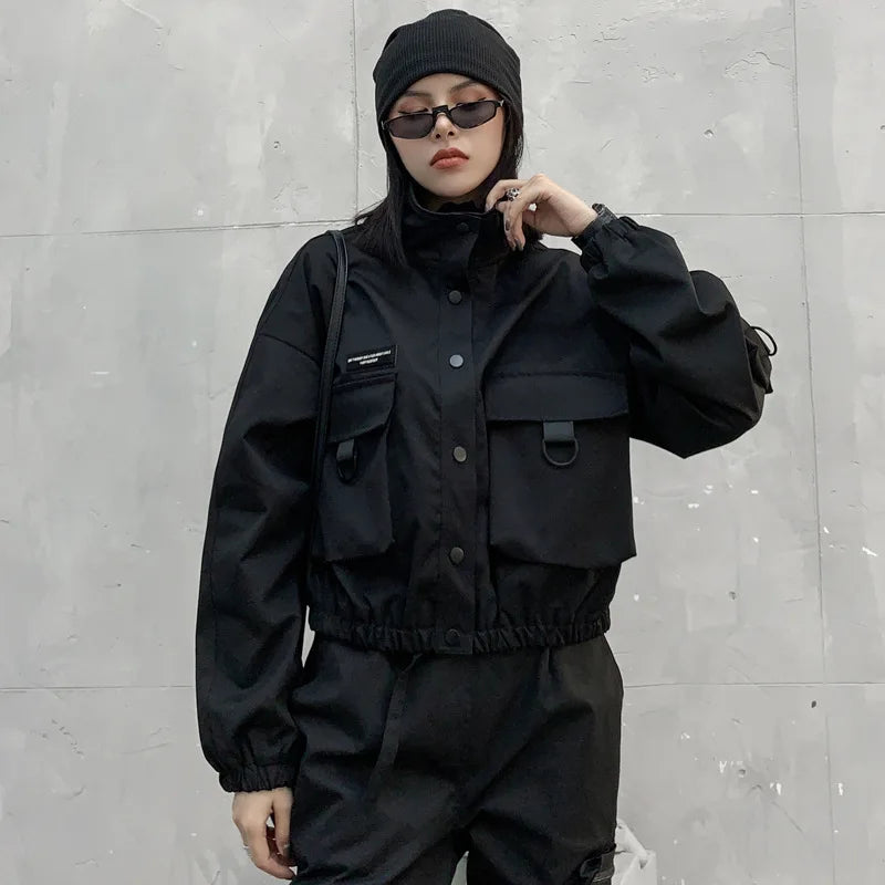 Techwear Women Black Collar Jacket |Long Sleeve Pocket