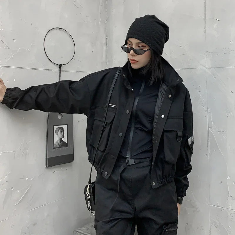 Techwear Women Black Collar Jacket |Long Sleeve Pocket