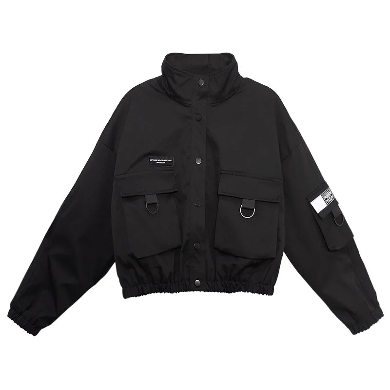 Techwear Women Black Collar Jacket |Long Sleeve Pocket