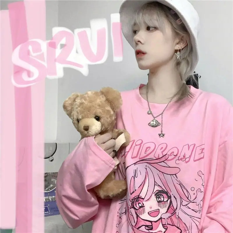 Women's T-shirt Long Sleeve Female Soft Cute Anime Chibi Girl