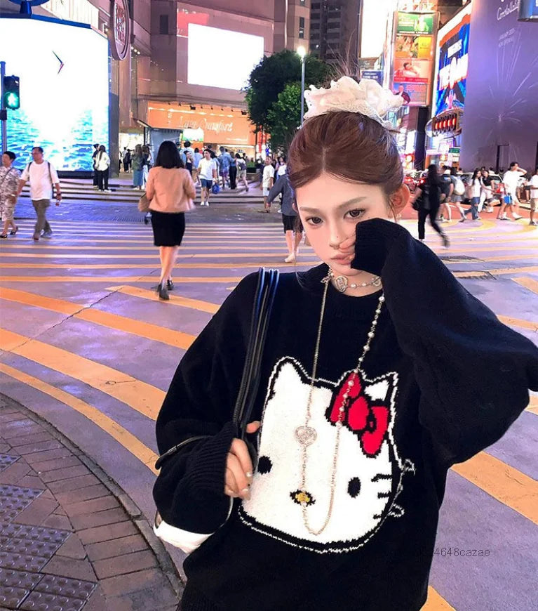 Hello Kitty Black Sweater Female Loose Casual Knitted Pullover