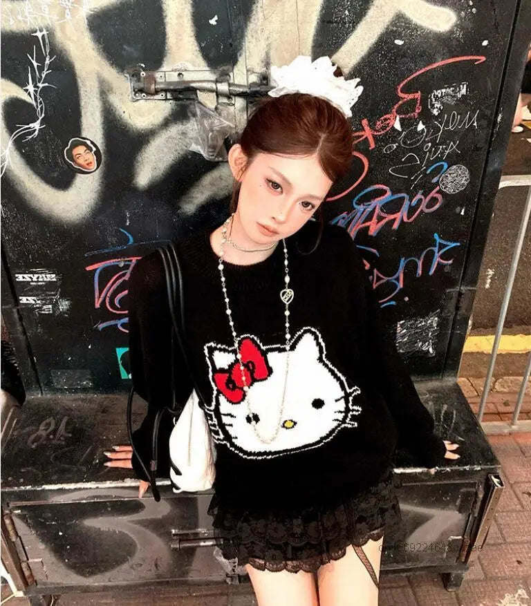 Hello Kitty Black Sweater Female Loose Casual Knitted Pullover