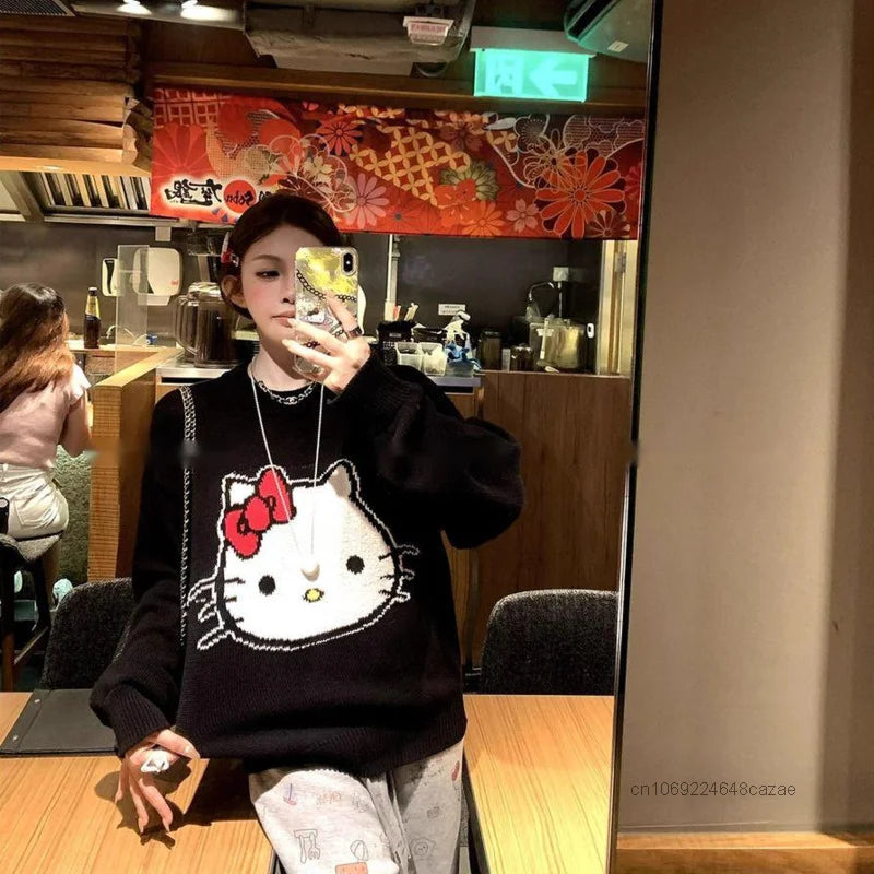 Hello Kitty Black Sweater Female Loose Casual Knitted Pullover