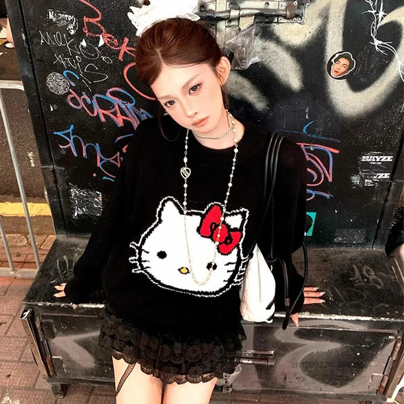 Hello Kitty Black Sweater Female Loose Casual Knitted Pullover