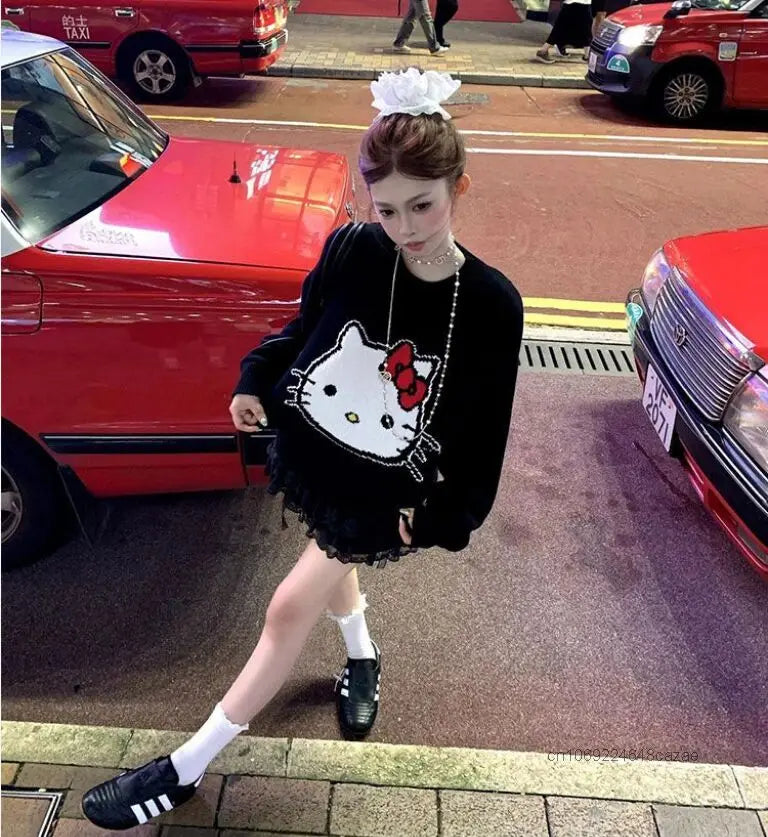 Hello Kitty Black Sweater Female Loose Casual Knitted Pullover