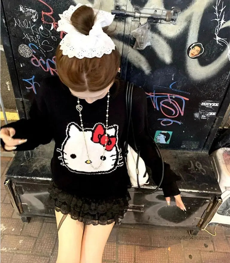 Hello Kitty Black Sweater Female Loose Casual Knitted Pullover