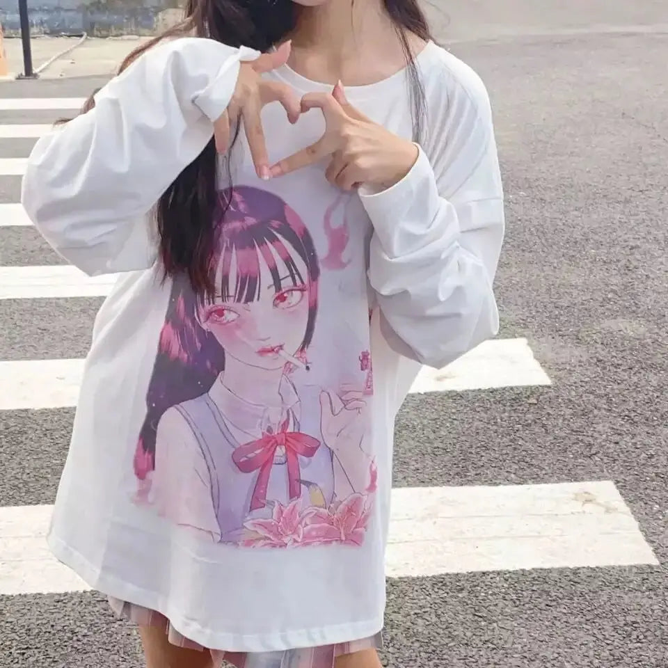 Women's T-shirt Long Sleeve Female Soft Cute Anime Chibi Girl