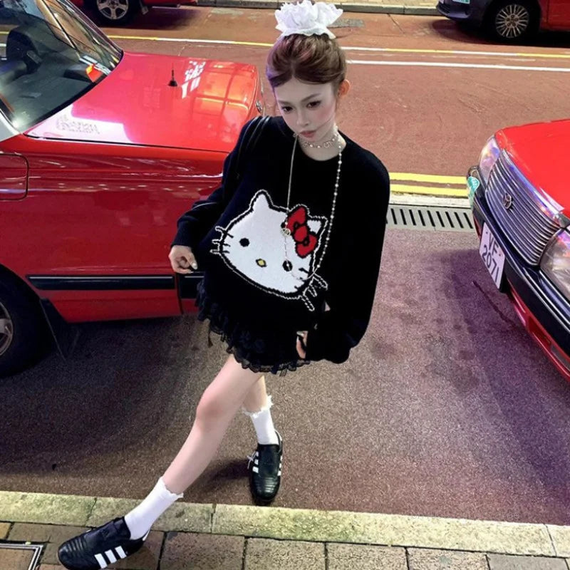 Hello Kitty Black Sweater Female Loose Casual Knitted Pullover