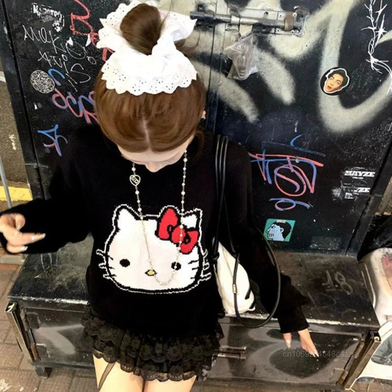 Hello Kitty Black Sweater Female Loose Casual Knitted Pullover