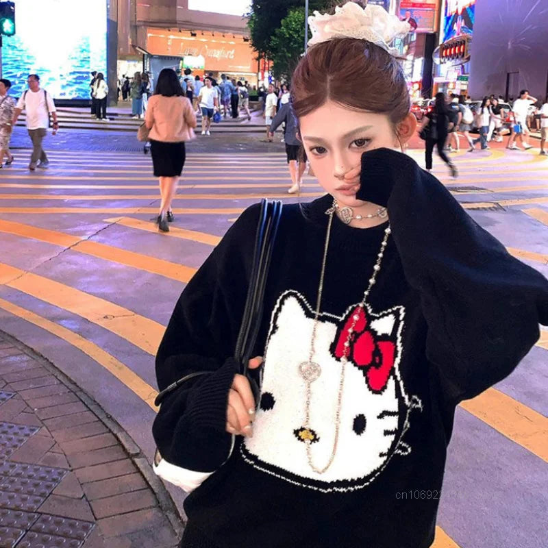Hello Kitty Black Sweater Female Loose Casual Knitted Pullover