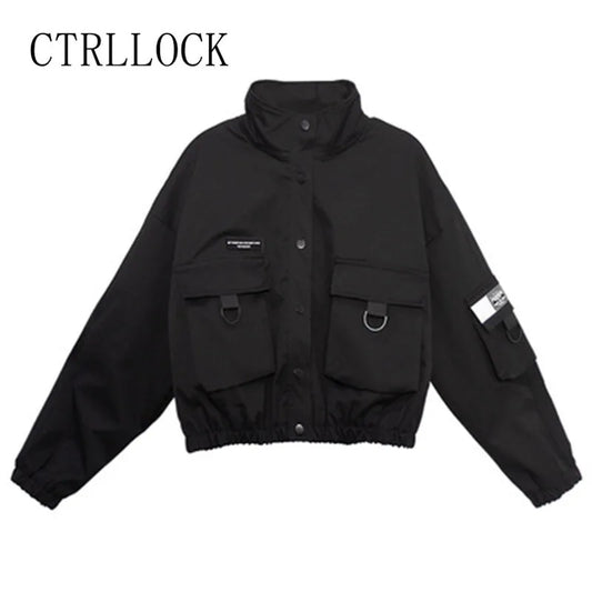 Techwear Women Black Collar Jacket |Long Sleeve Pocket