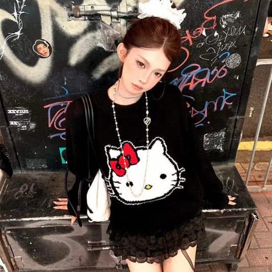 Hello Kitty Black Sweater Female Loose Casual Knitted Pullover
